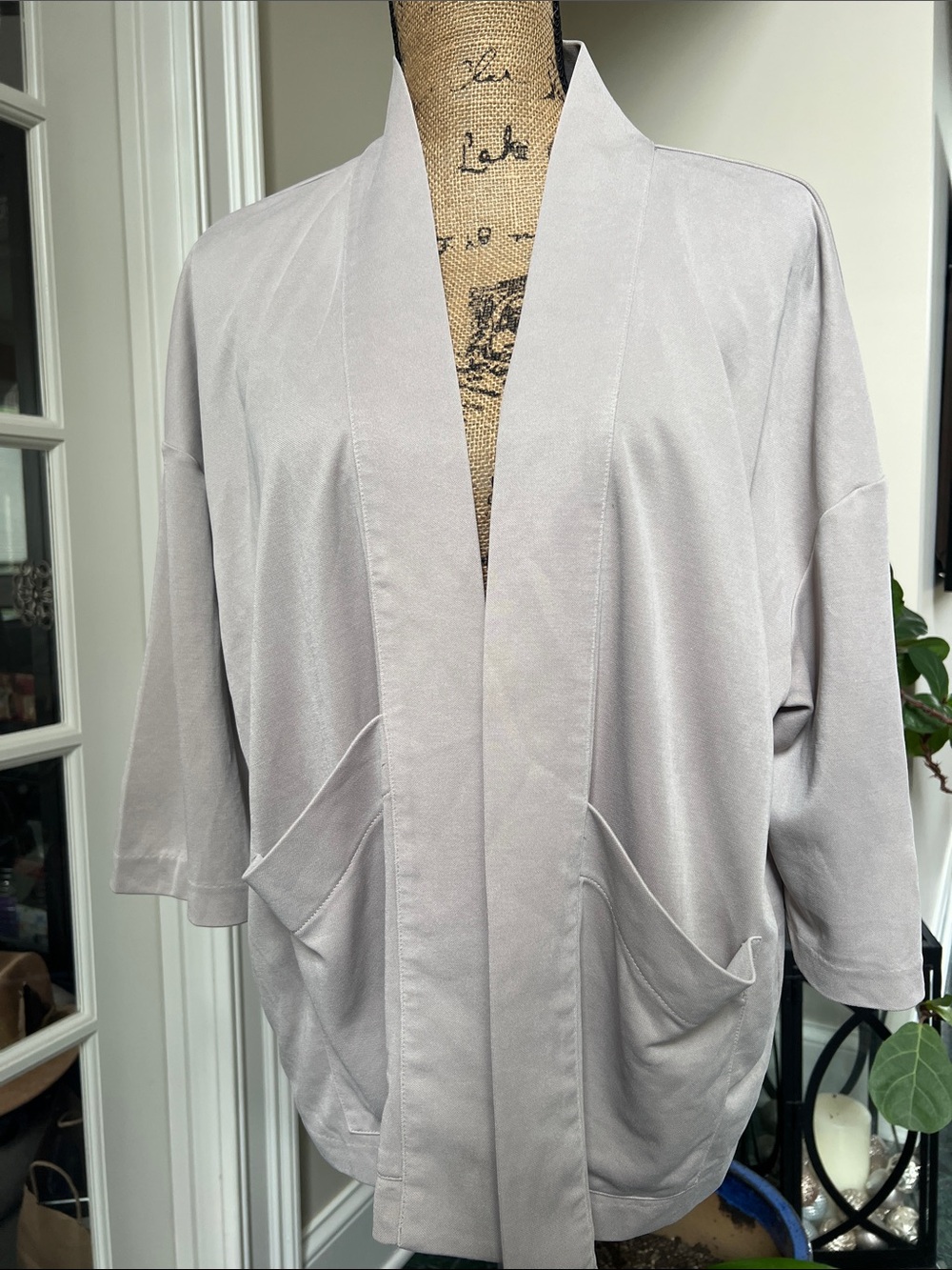 Pure Jill Sz M Light Tan Open Front Cardigan Pockets Quiet Luxury Relaxed Spa